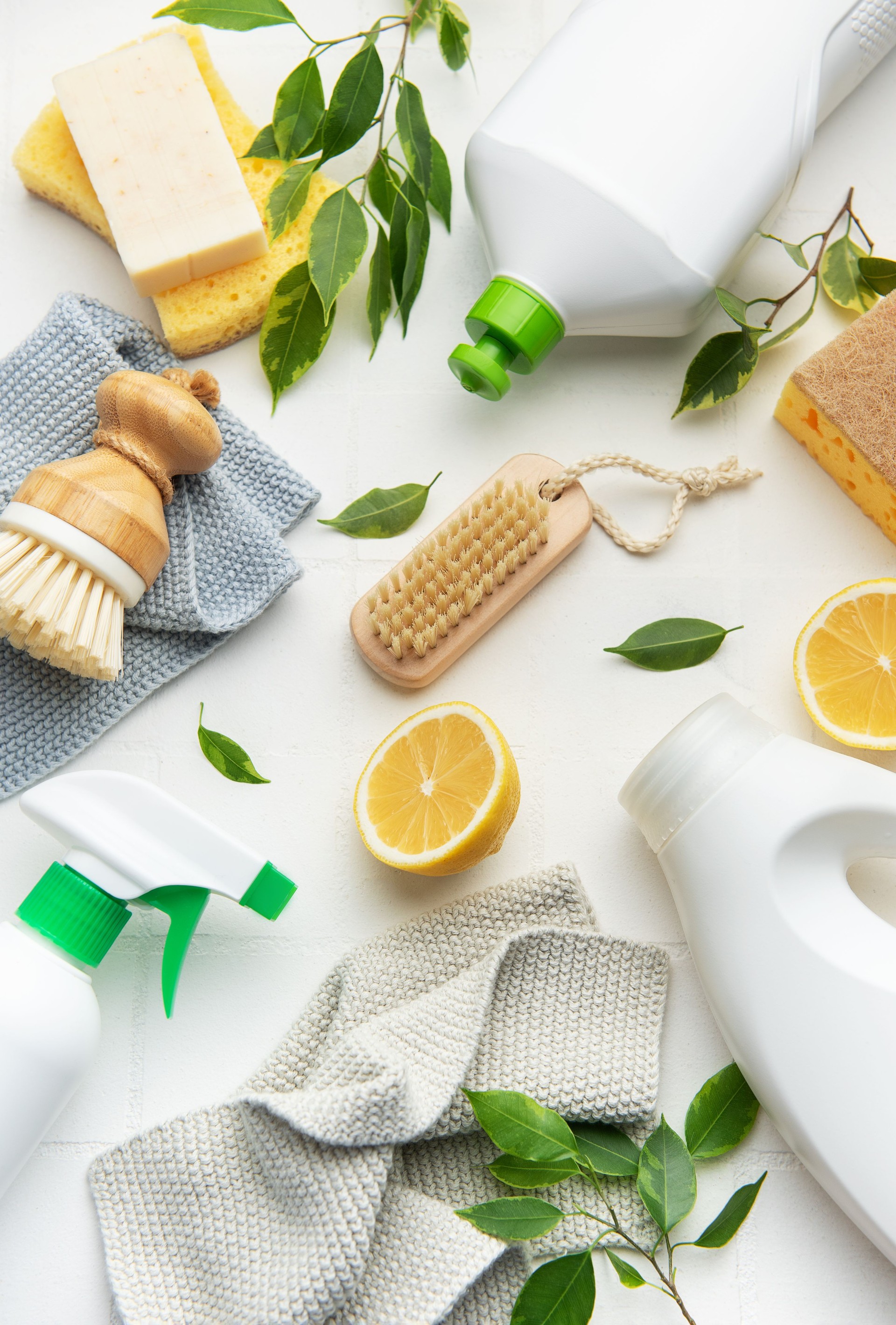 Eco friendly cleaning products promoting sustainable lifestyle with lemons and brushes